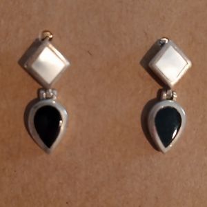 Silver Drop Earrings with Black Teardrop Accents - Women's Jewelry